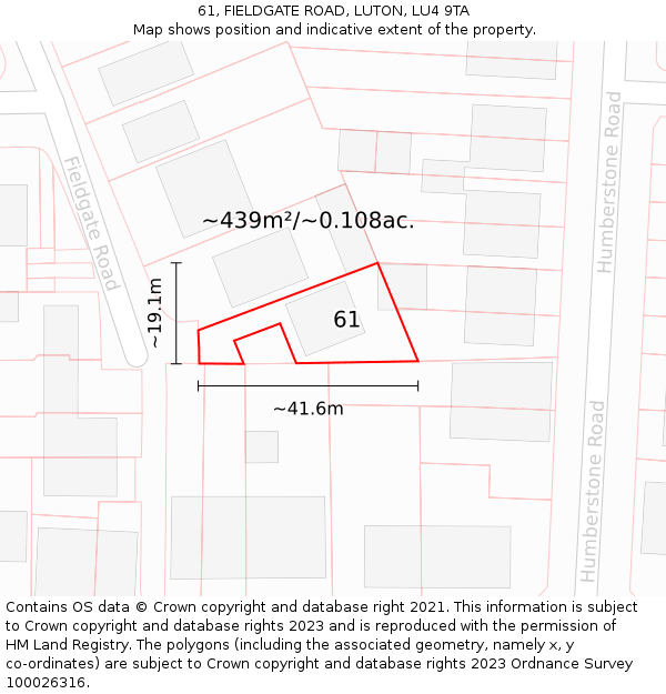 61, FIELDGATE ROAD, LUTON, LU4 9TA: Plot and title map