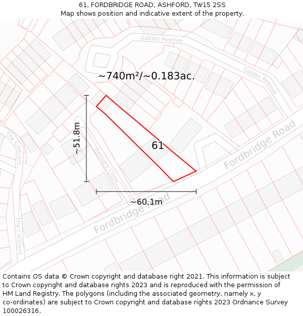 61, FORDBRIDGE ROAD, ASHFORD, TW15 2SS: Plot and title map