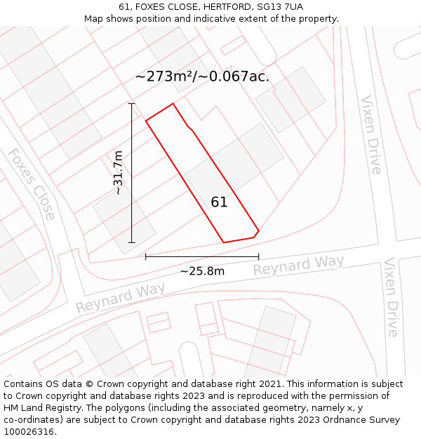 61, FOXES CLOSE, HERTFORD, SG13 7UA: Plot and title map