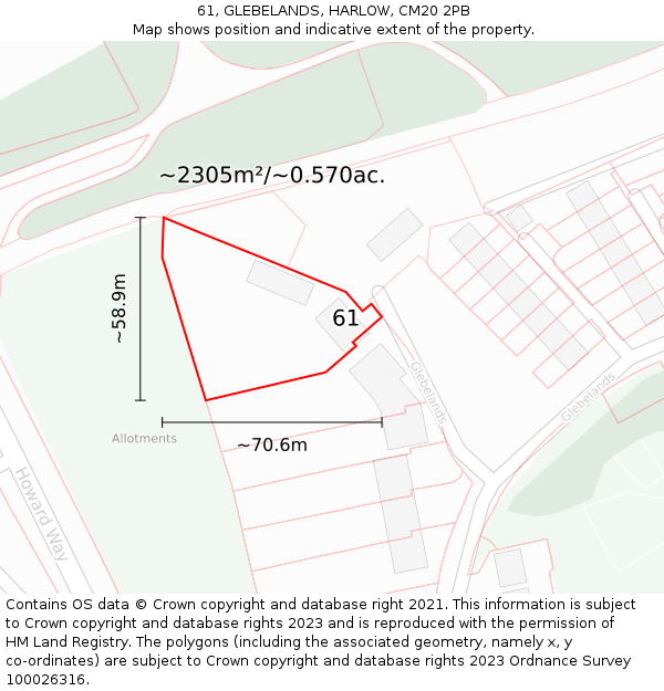 61, GLEBELANDS, HARLOW, CM20 2PB: Plot and title map