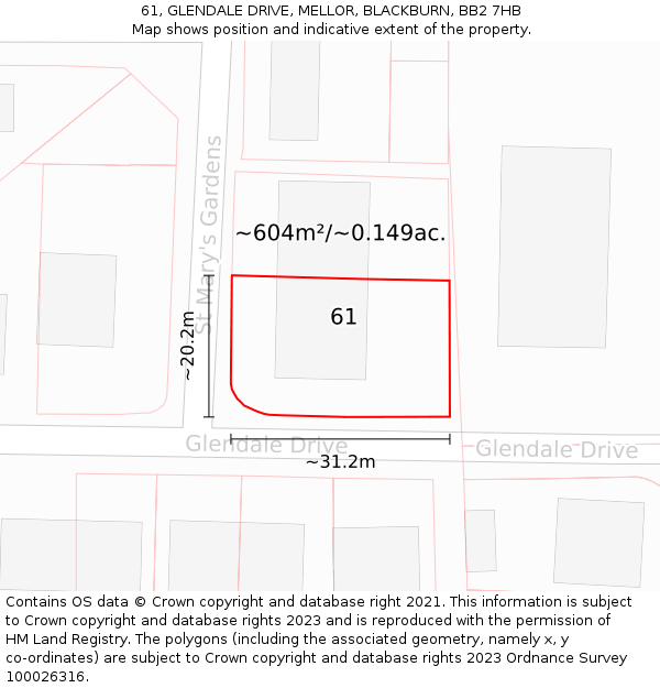 61, GLENDALE DRIVE, MELLOR, BLACKBURN, BB2 7HB: Plot and title map