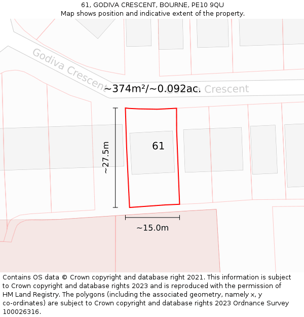 61, GODIVA CRESCENT, BOURNE, PE10 9QU: Plot and title map