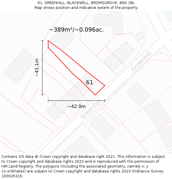 61, GREENHILL, BLACKWELL, BROMSGROVE, B60 1BL: Plot and title map