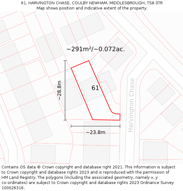 61, HARVINGTON CHASE, COULBY NEWHAM, MIDDLESBROUGH, TS8 0TR: Plot and title map