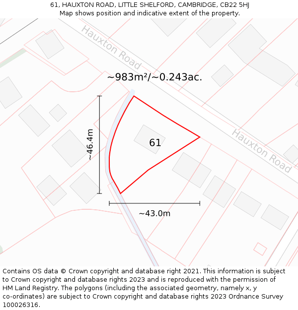 61, HAUXTON ROAD, LITTLE SHELFORD, CAMBRIDGE, CB22 5HJ: Plot and title map