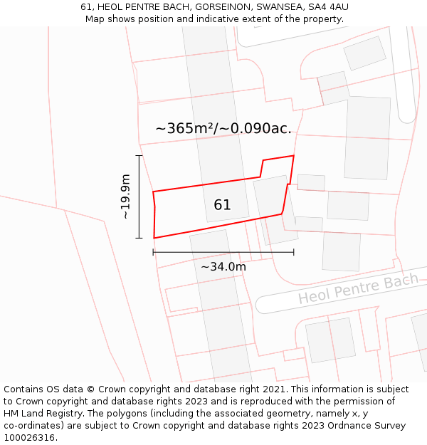 61, HEOL PENTRE BACH, GORSEINON, SWANSEA, SA4 4AU: Plot and title map