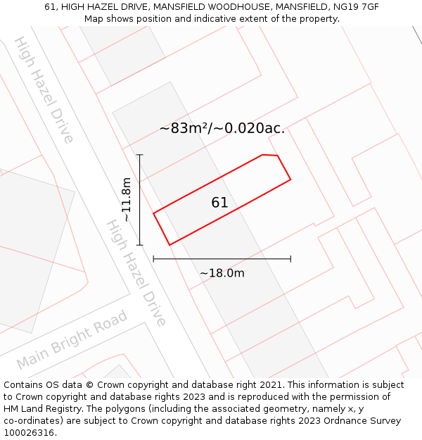 61, HIGH HAZEL DRIVE, MANSFIELD WOODHOUSE, MANSFIELD, NG19 7GF: Plot and title map