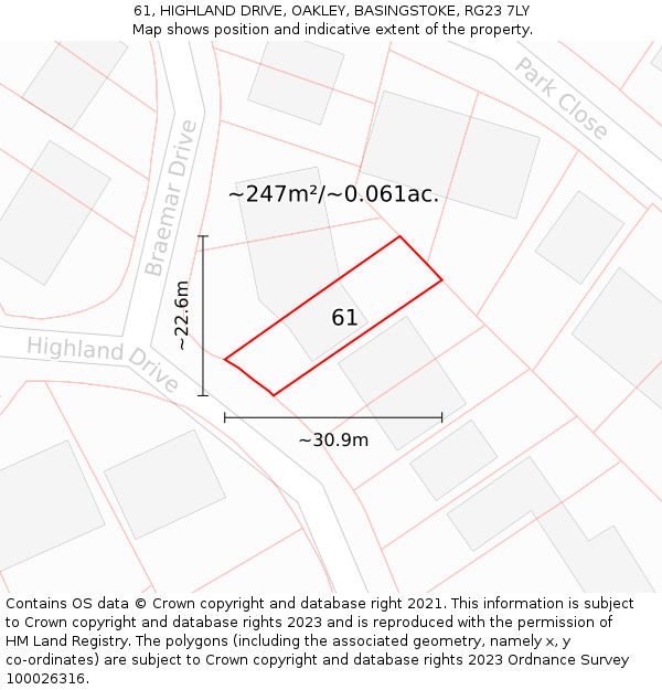 61, HIGHLAND DRIVE, OAKLEY, BASINGSTOKE, RG23 7LY: Plot and title map