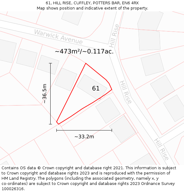 61, HILL RISE, CUFFLEY, POTTERS BAR, EN6 4RX: Plot and title map