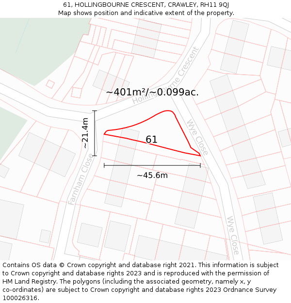 61, HOLLINGBOURNE CRESCENT, CRAWLEY, RH11 9QJ: Plot and title map