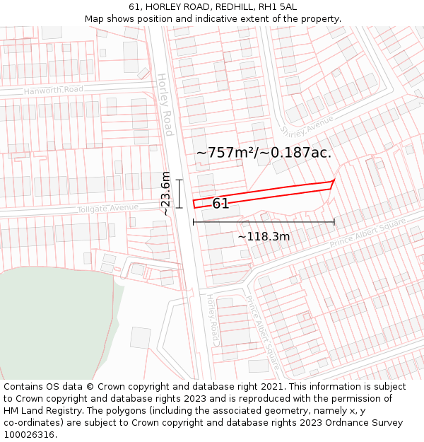 61, HORLEY ROAD, REDHILL, RH1 5AL: Plot and title map