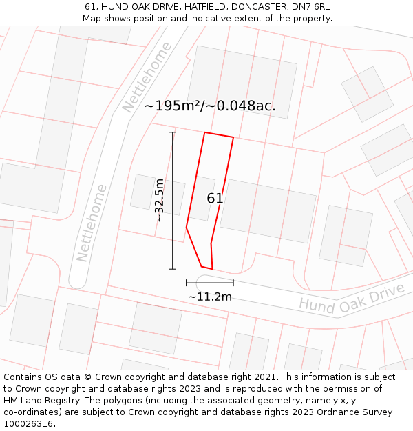 61, HUND OAK DRIVE, HATFIELD, DONCASTER, DN7 6RL: Plot and title map