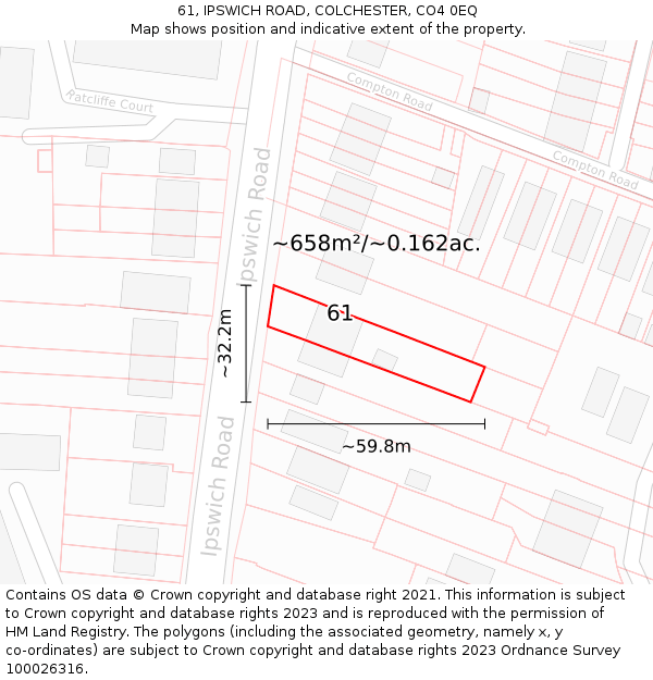 61, IPSWICH ROAD, COLCHESTER, CO4 0EQ: Plot and title map