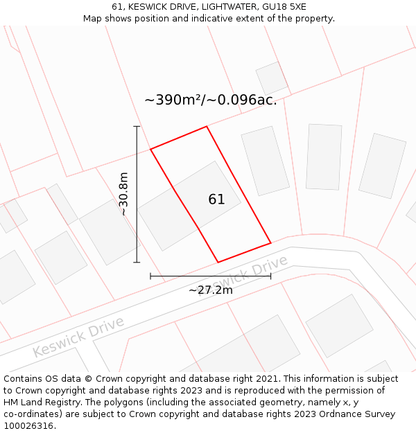 61, KESWICK DRIVE, LIGHTWATER, GU18 5XE: Plot and title map