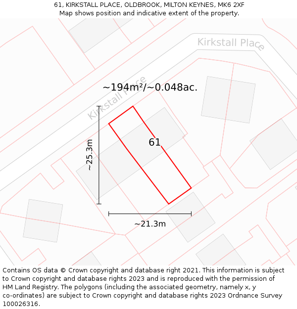 61, KIRKSTALL PLACE, OLDBROOK, MILTON KEYNES, MK6 2XF: Plot and title map