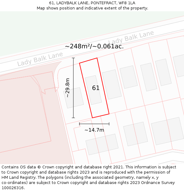 61, LADYBALK LANE, PONTEFRACT, WF8 1LA: Plot and title map