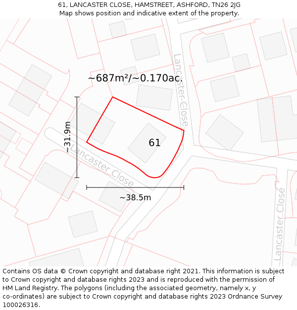 61, LANCASTER CLOSE, HAMSTREET, ASHFORD, TN26 2JG: Plot and title map