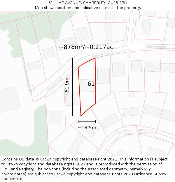 61, LIME AVENUE, CAMBERLEY, GU15 2BH: Plot and title map