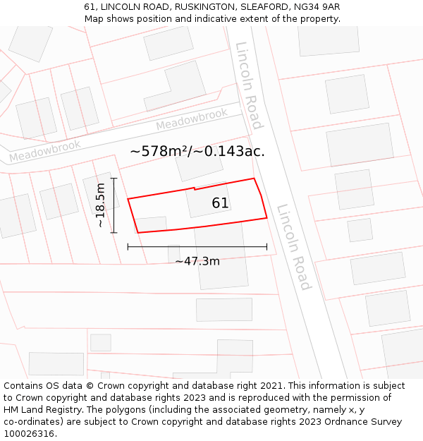 61, LINCOLN ROAD, RUSKINGTON, SLEAFORD, NG34 9AR: Plot and title map