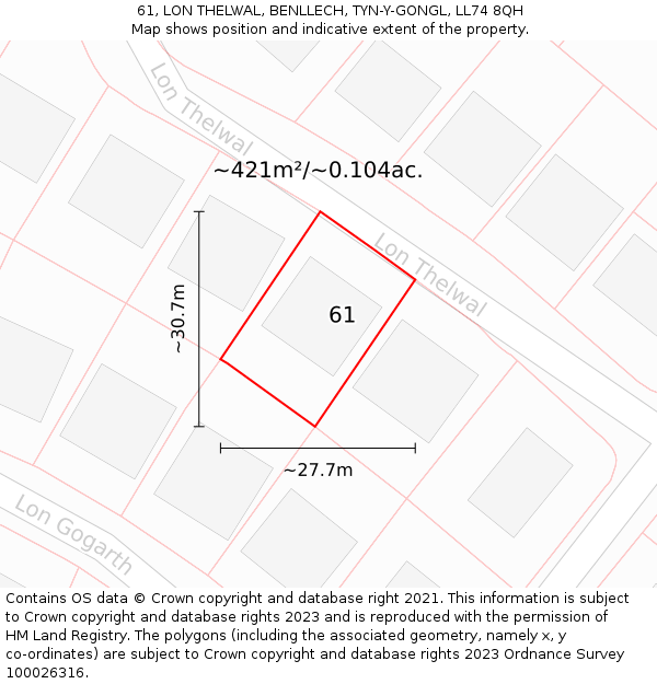 61, LON THELWAL, BENLLECH, TYN-Y-GONGL, LL74 8QH: Plot and title map