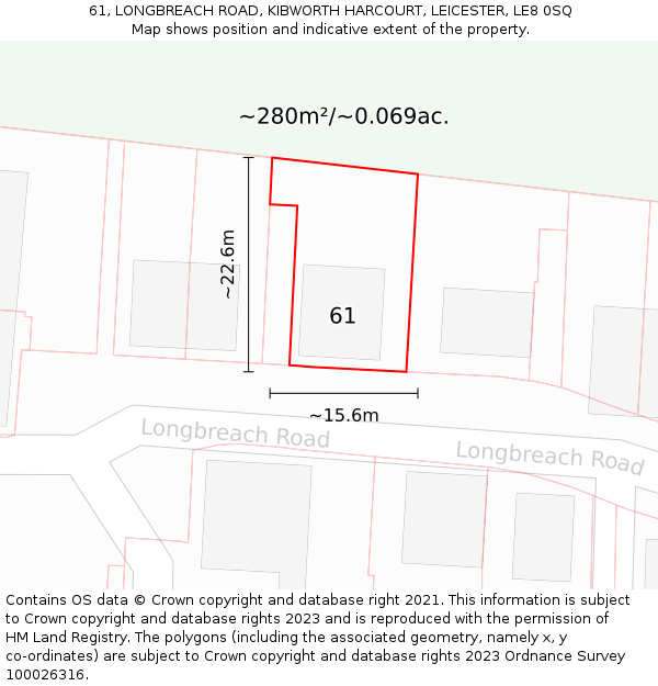 61, LONGBREACH ROAD, KIBWORTH HARCOURT, LEICESTER, LE8 0SQ: Plot and title map