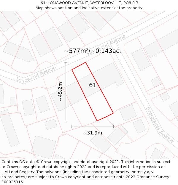 61, LONGWOOD AVENUE, WATERLOOVILLE, PO8 8JB: Plot and title map