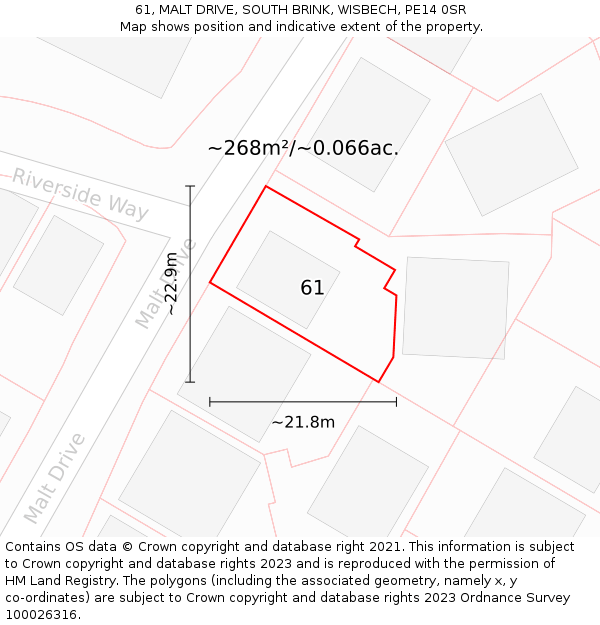 61, MALT DRIVE, SOUTH BRINK, WISBECH, PE14 0SR: Plot and title map