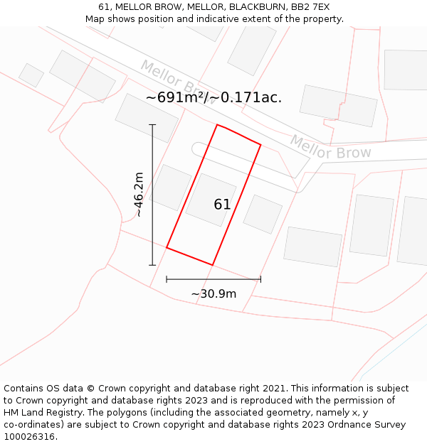 61, MELLOR BROW, MELLOR, BLACKBURN, BB2 7EX: Plot and title map