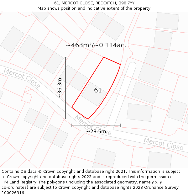 61, MERCOT CLOSE, REDDITCH, B98 7YY: Plot and title map