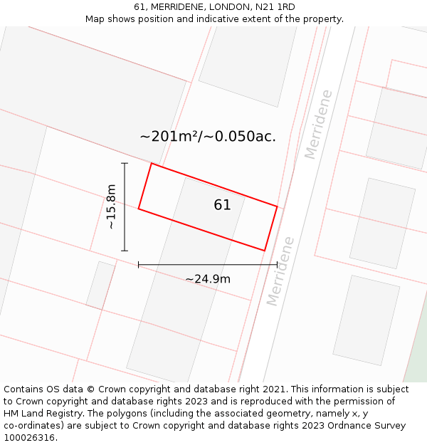 61, MERRIDENE, LONDON, N21 1RD: Plot and title map