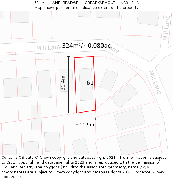 61, MILL LANE, BRADWELL, GREAT YARMOUTH, NR31 8HN: Plot and title map
