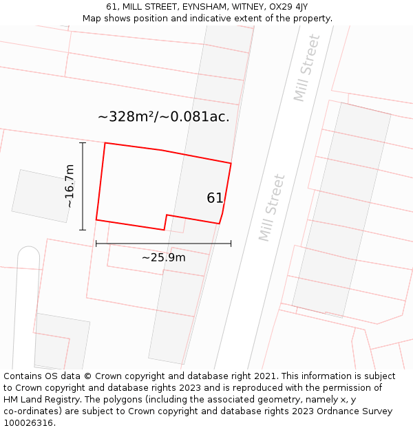 61, MILL STREET, EYNSHAM, WITNEY, OX29 4JY: Plot and title map