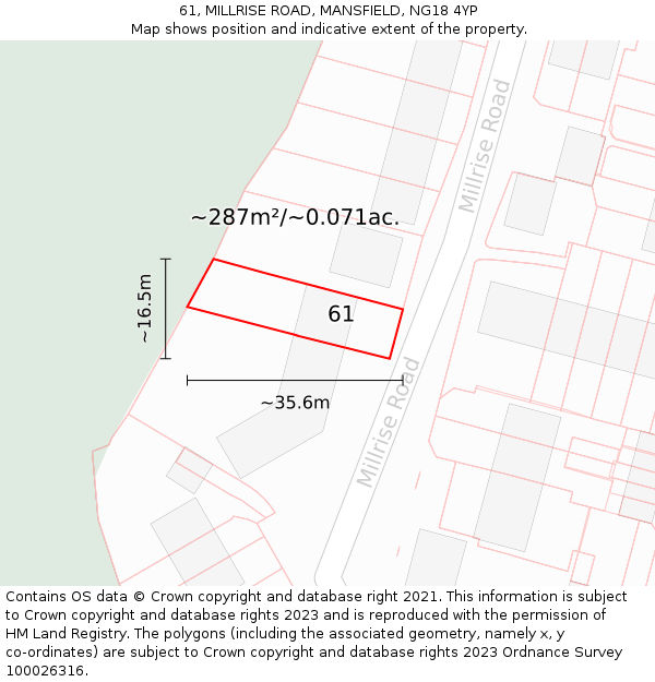 61, MILLRISE ROAD, MANSFIELD, NG18 4YP: Plot and title map