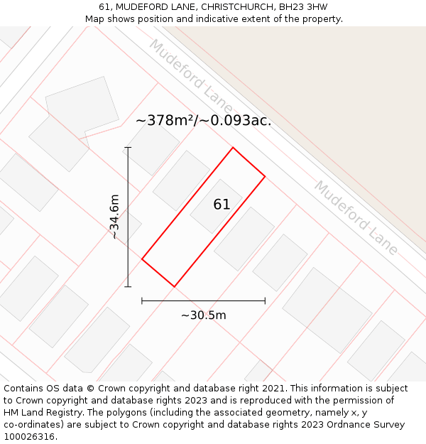 61, MUDEFORD LANE, CHRISTCHURCH, BH23 3HW: Plot and title map