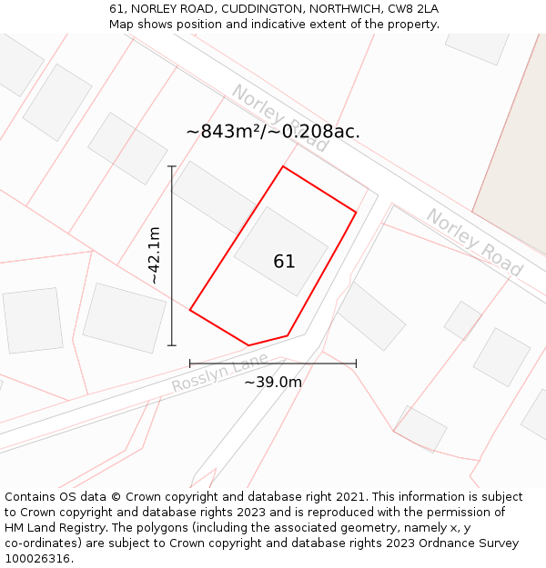 61, NORLEY ROAD, CUDDINGTON, NORTHWICH, CW8 2LA: Plot and title map