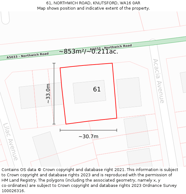 61, NORTHWICH ROAD, KNUTSFORD, WA16 0AR: Plot and title map