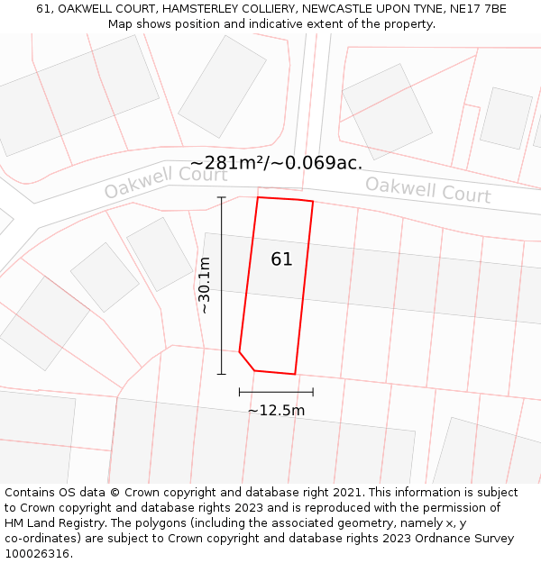 61, OAKWELL COURT, HAMSTERLEY COLLIERY, NEWCASTLE UPON TYNE, NE17 7BE: Plot and title map