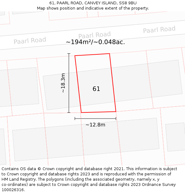 61, PAARL ROAD, CANVEY ISLAND, SS8 9BU: Plot and title map