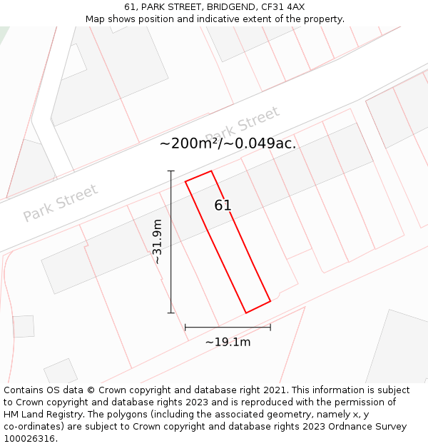 61, PARK STREET, BRIDGEND, CF31 4AX: Plot and title map