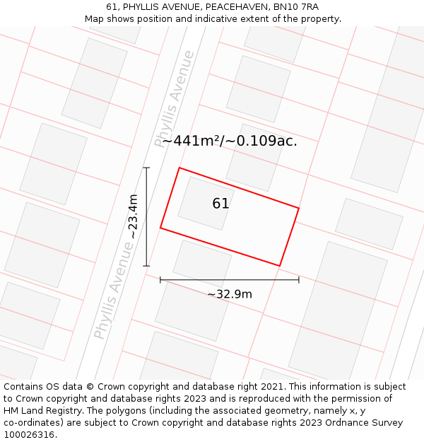 61, PHYLLIS AVENUE, PEACEHAVEN, BN10 7RA: Plot and title map