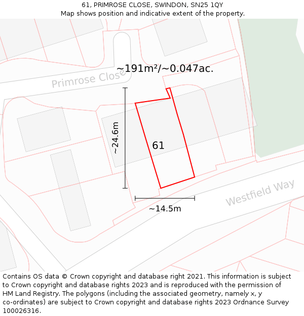 61, PRIMROSE CLOSE, SWINDON, SN25 1QY: Plot and title map