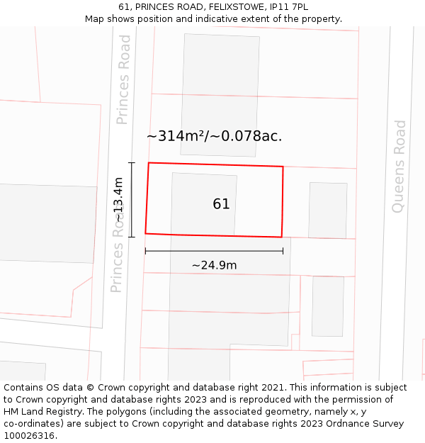 61, PRINCES ROAD, FELIXSTOWE, IP11 7PL: Plot and title map