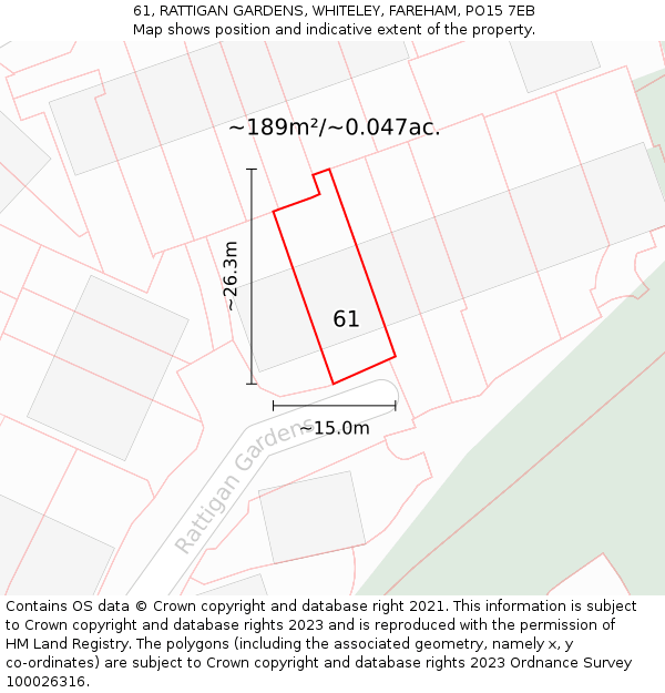 61, RATTIGAN GARDENS, WHITELEY, FAREHAM, PO15 7EB: Plot and title map