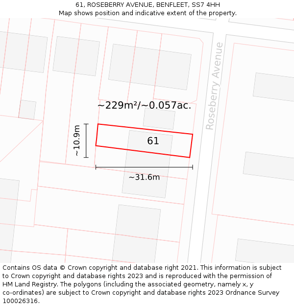 61, ROSEBERRY AVENUE, BENFLEET, SS7 4HH: Plot and title map