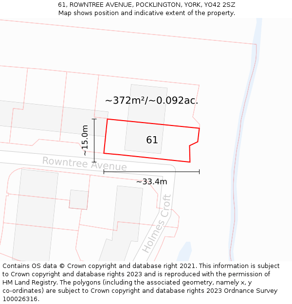 61, ROWNTREE AVENUE, POCKLINGTON, YORK, YO42 2SZ: Plot and title map