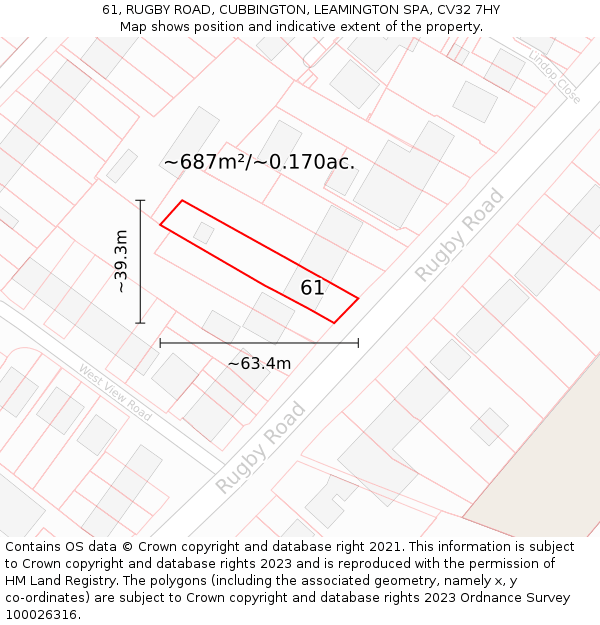 61, RUGBY ROAD, CUBBINGTON, LEAMINGTON SPA, CV32 7HY: Plot and title map