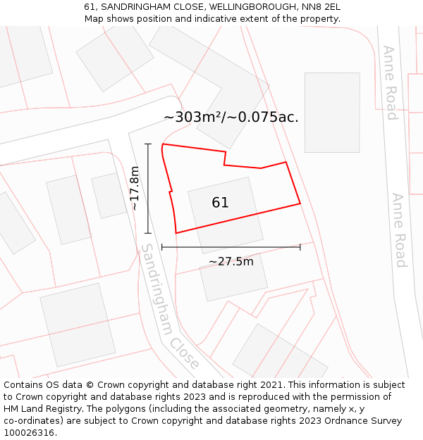 61, SANDRINGHAM CLOSE, WELLINGBOROUGH, NN8 2EL: Plot and title map