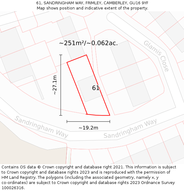 61, SANDRINGHAM WAY, FRIMLEY, CAMBERLEY, GU16 9YF: Plot and title map