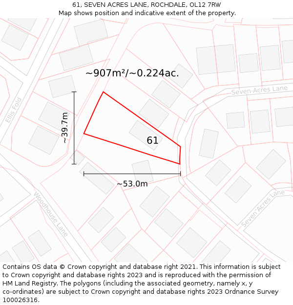 61, SEVEN ACRES LANE, ROCHDALE, OL12 7RW: Plot and title map