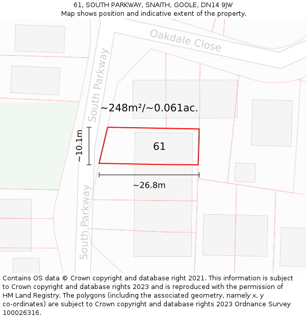 61, SOUTH PARKWAY, SNAITH, GOOLE, DN14 9JW: Plot and title map